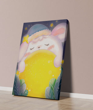Sleepy rabbit with starry hat holding a glowing ball in a dreamy night scene