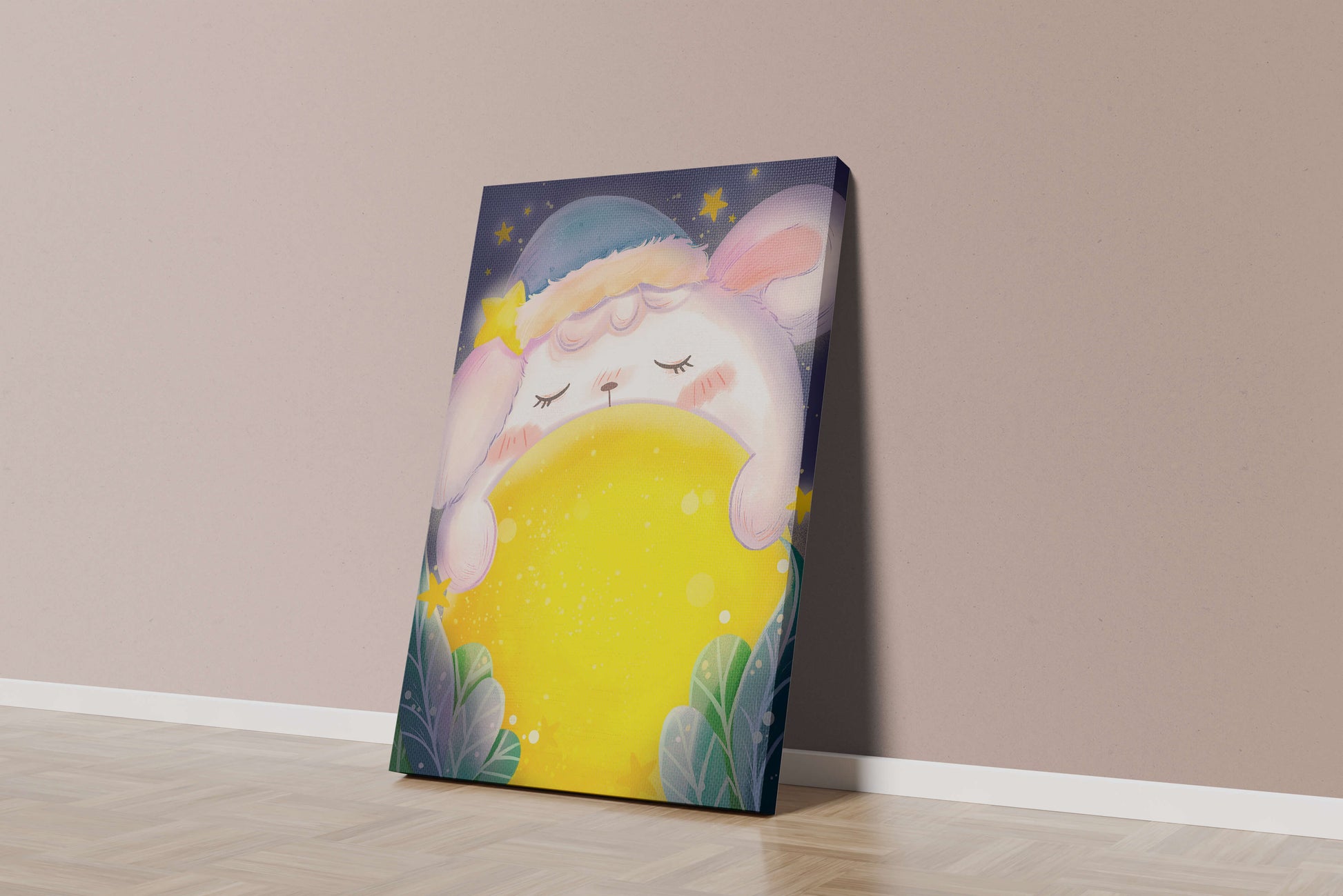Sleepy rabbit with starry hat holding a glowing ball in a dreamy night scene