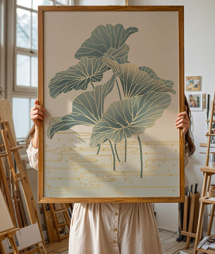 Elegant botanical illustration featuring large leaves with golden accents