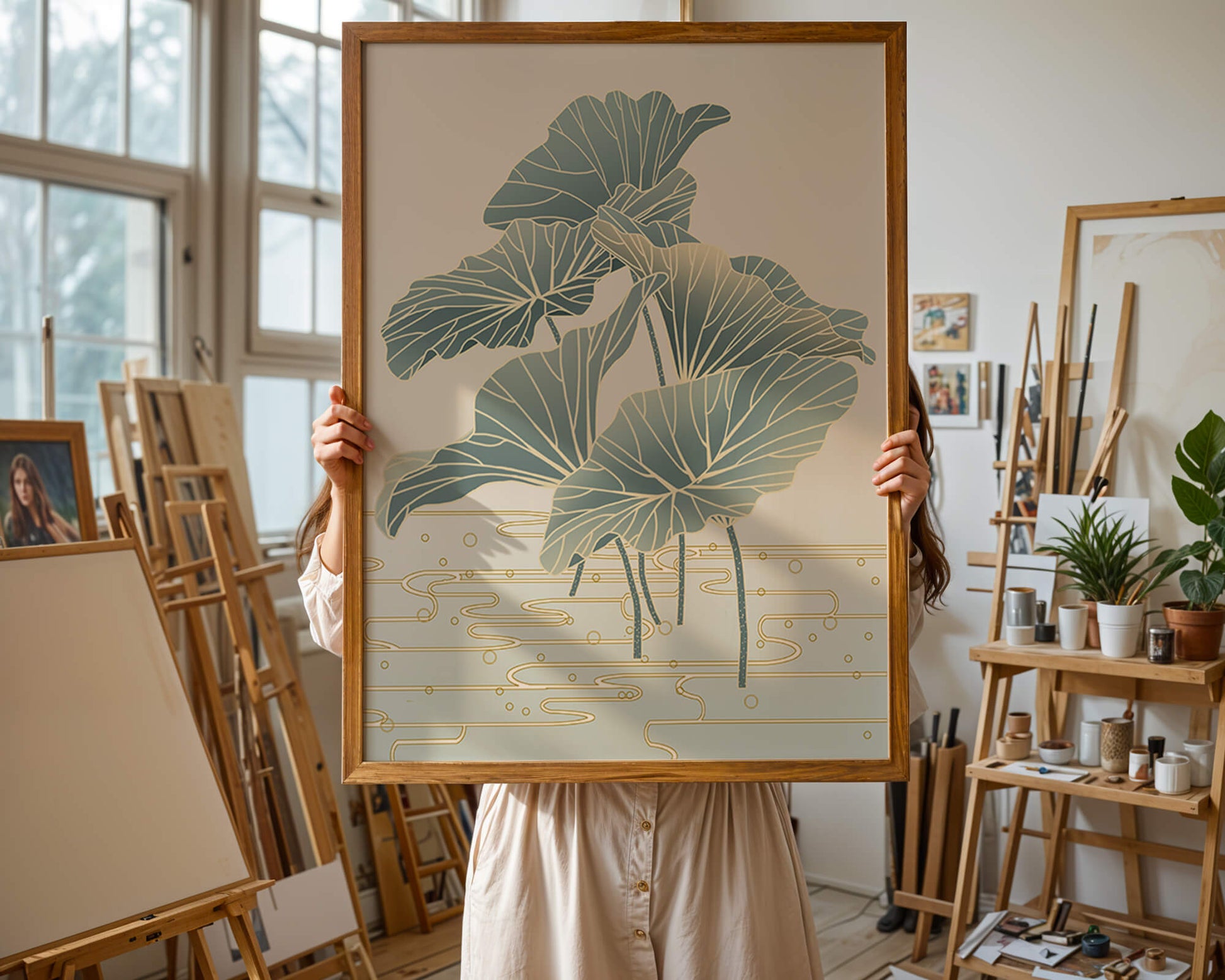 Elegant botanical illustration featuring large leaves with golden accents