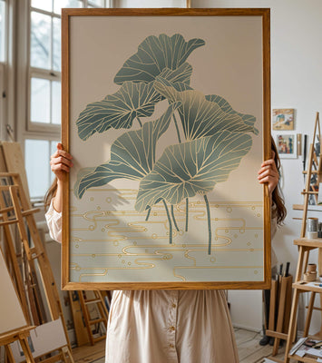 Elegant botanical illustration featuring large leaves with golden accents