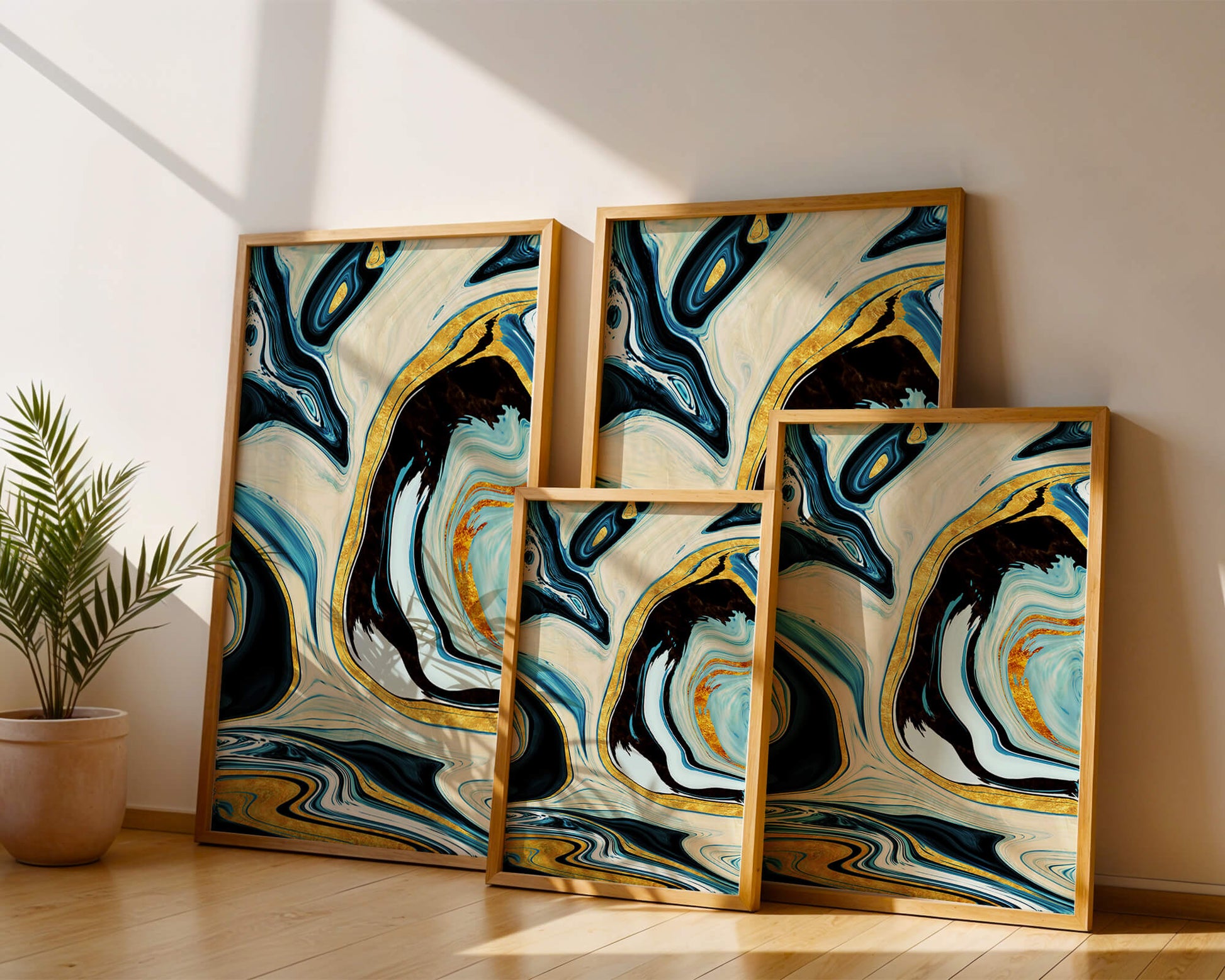 Abstract Marble Art with Gold Accents in Blue and Black Swirls