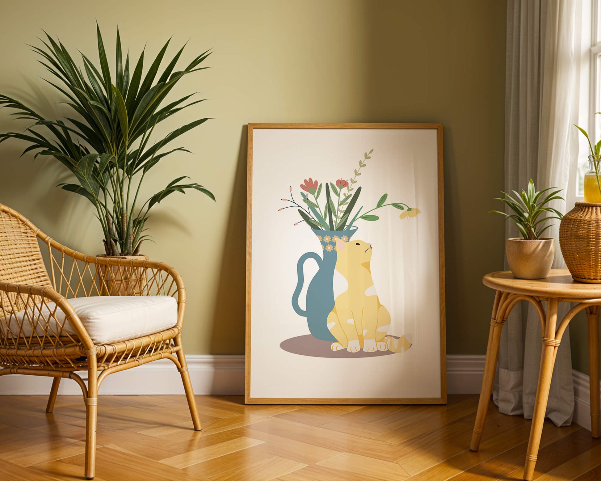 Illustration of a cat sitting beside a floral vase