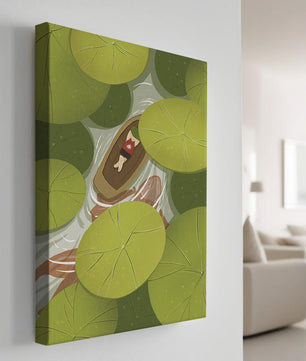Person in boat among lush green lily pads