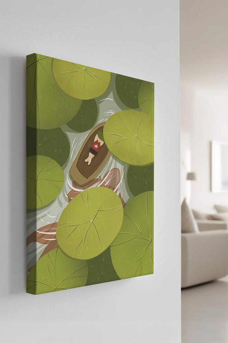 Person in boat among lush green lily pads