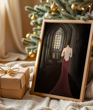 Elegant woman in a red dress inside a gothic hallway