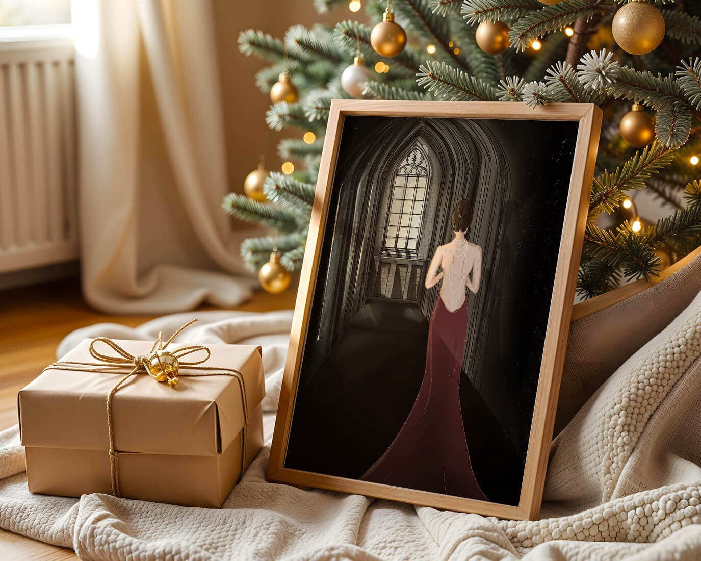 Elegant woman in a red dress inside a gothic hallway
