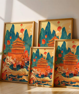 Traditionelles chinesisches Fest mit Laternen und Löwentanz