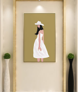Woman in a white dress and hat on a gold background