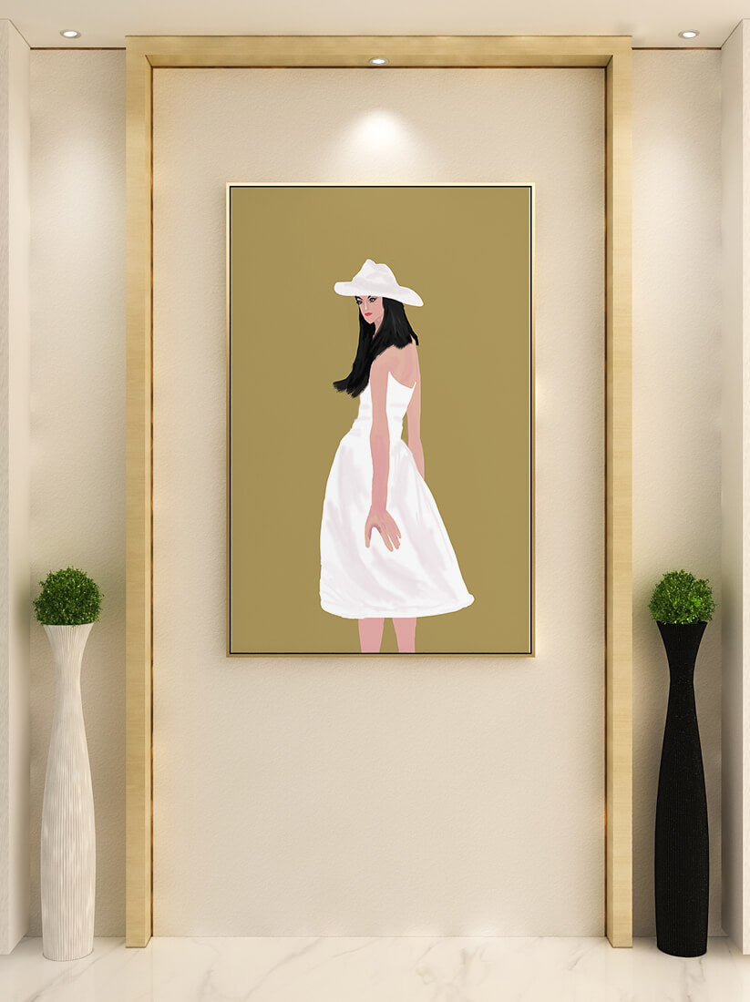 Woman in a white dress and hat on a gold background
