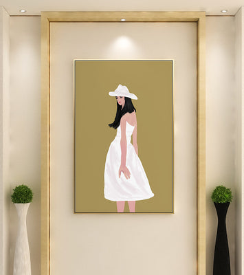Woman in a white dress and hat on a gold background