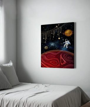 Escena espacial surrealista con astronauta y elementos celestiales