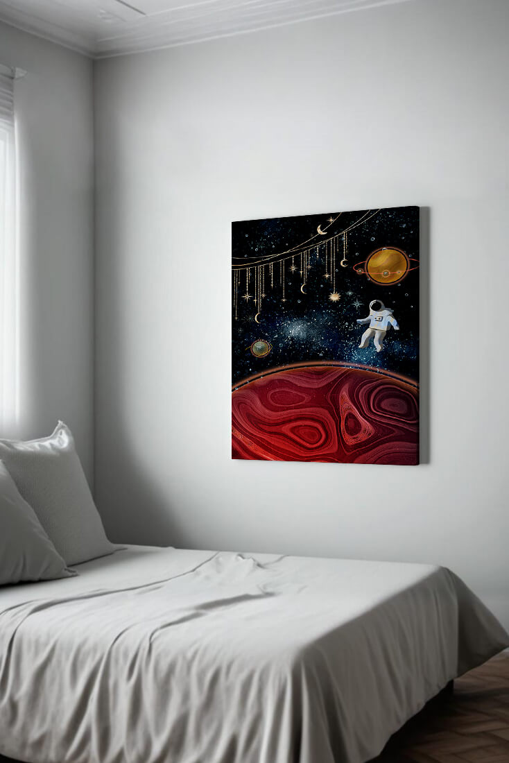 Surreal space scene with astronaut and celestial elements
