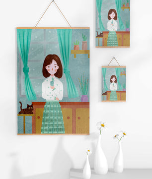 Charming Illustration of Woman and Cat in Cozy Living Room