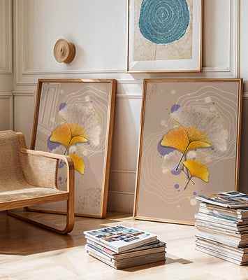 Elegant ginkgo leaves with abstract wavy and circular elements