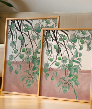 Branches With Green Apples And Leaves Over Pink Background