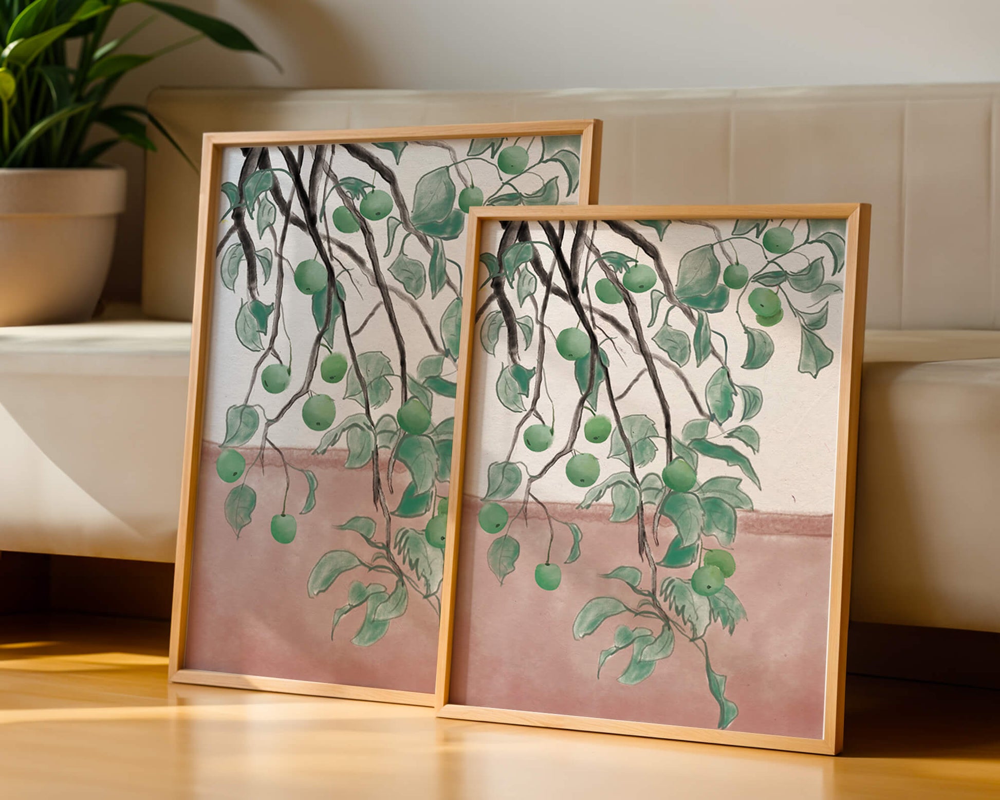 Branches With Green Apples And Leaves Over Pink Background