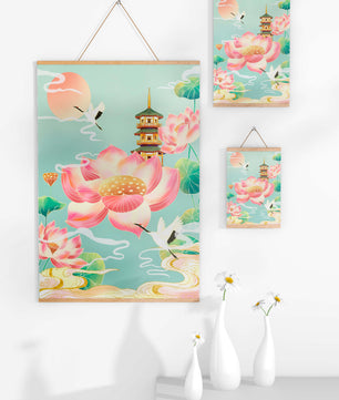 Paysage serein avec des fleurs de lotus et une pagode traditionnelle