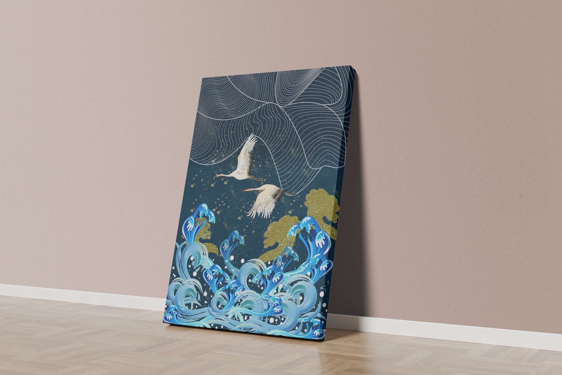 Elegant Cranes Flying Over Golden Waves and Artistic Ocean