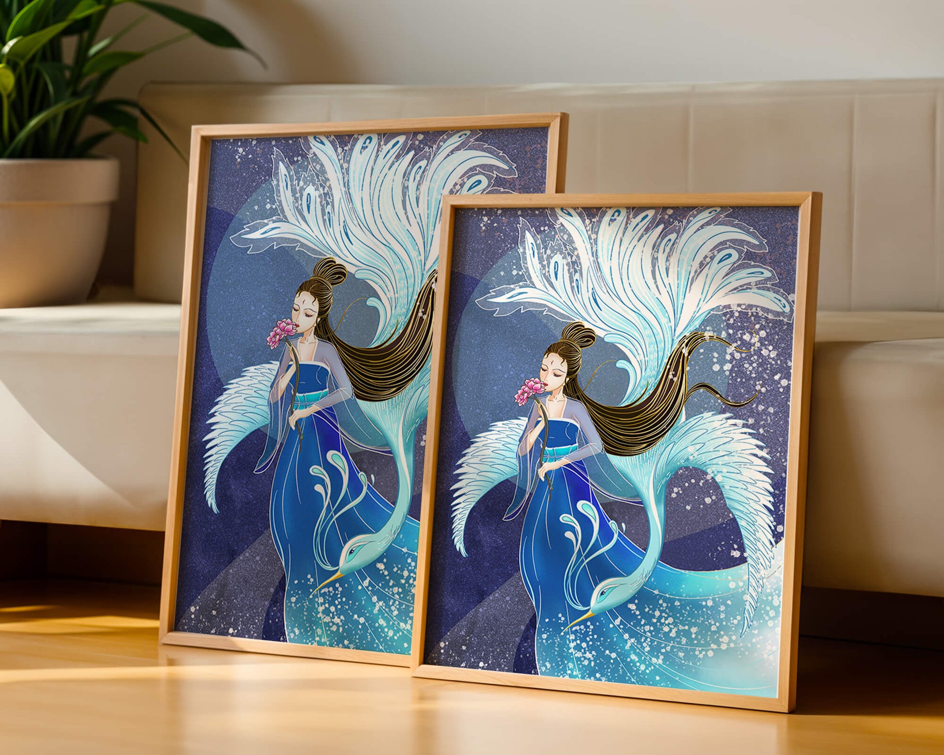 Elegant woman with floral motif and ethereal bird illustration