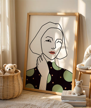 Modern Minimalist Portrait of a Winking Woman in Green Polka Dot Dress - Mi tienda