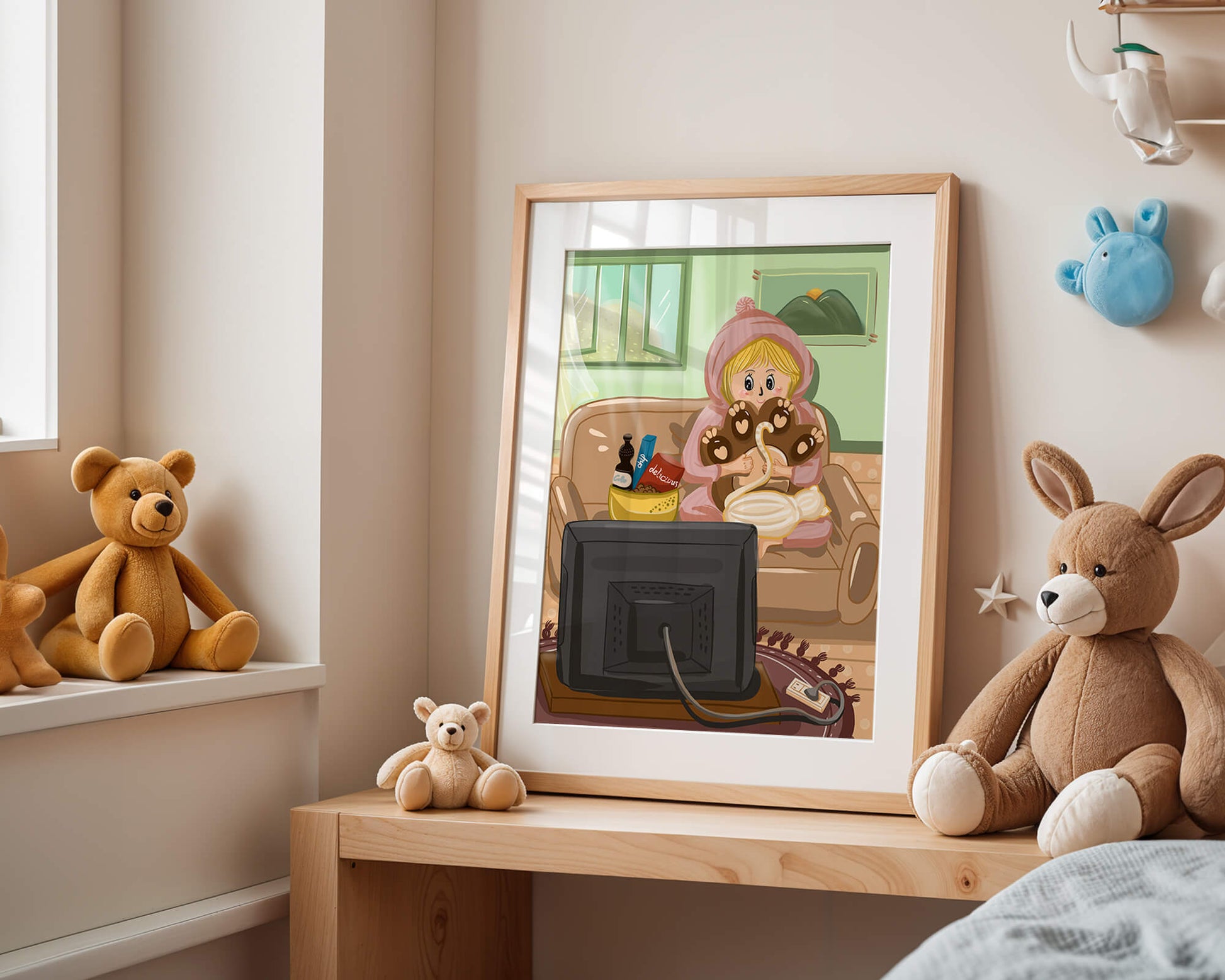Cozy cartoon scene: person with cat and snacks on a sofa