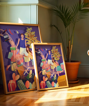 Illustration d'une expérience de shopping joyeuse en famille avec des cadeaux et des couleurs vives
