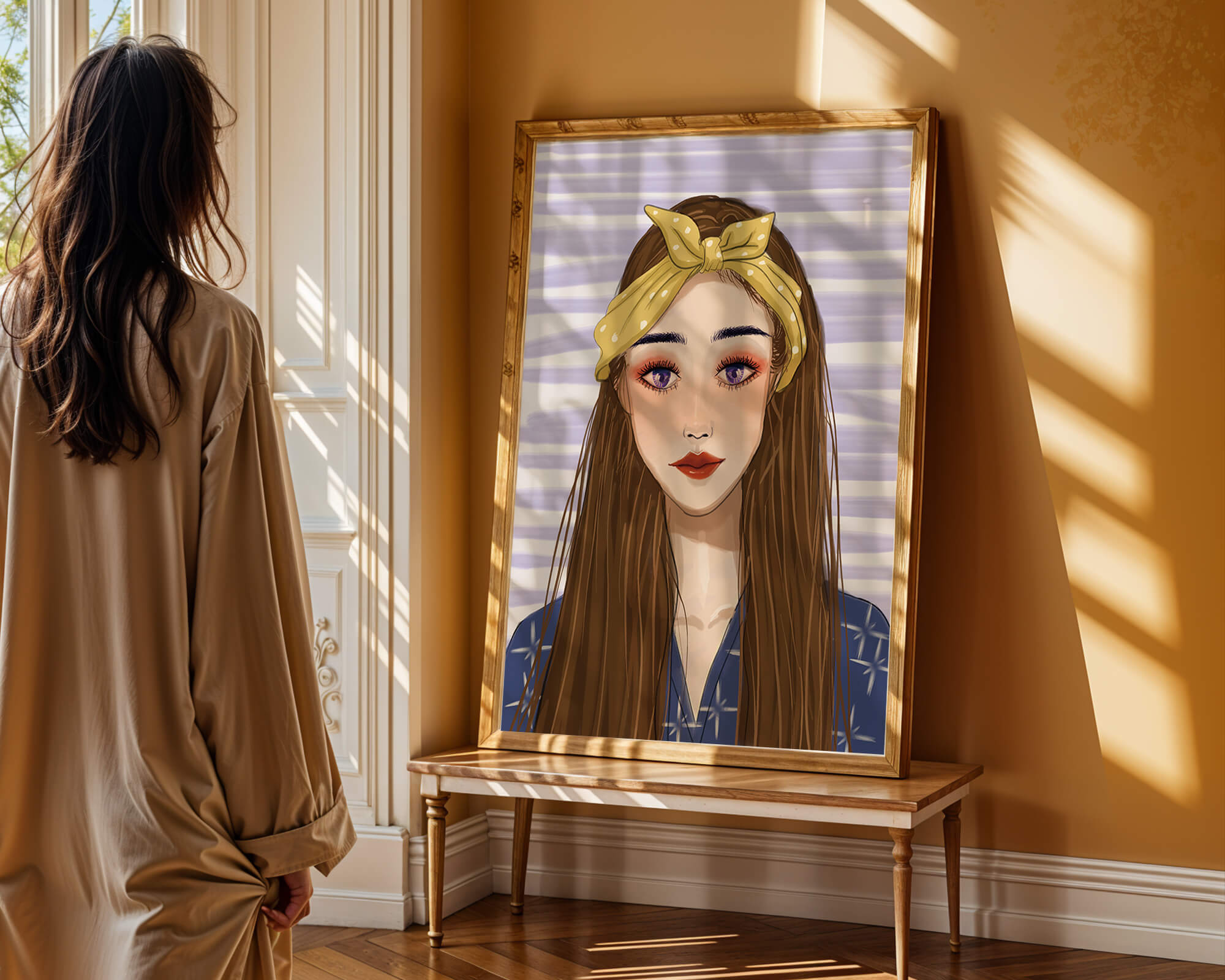 Illustration of a woman with a yellow headband against a striped background