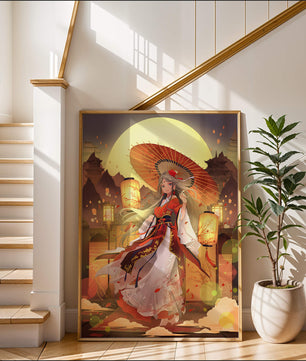 Illustration élégante sur le thème japonais avec une femme sous une ombrelle
