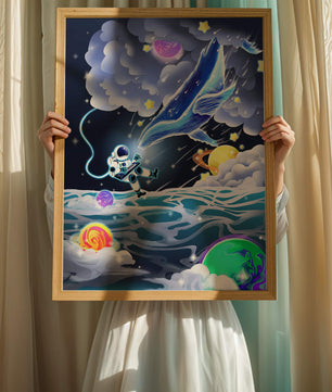Astronaut Exploring a Surreal Cosmic Ocean with a Glowing Whale