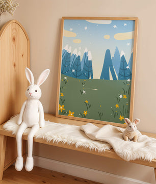 Landschaft mit schneebedeckten Bergen und Blumen im Cartoon-Stil