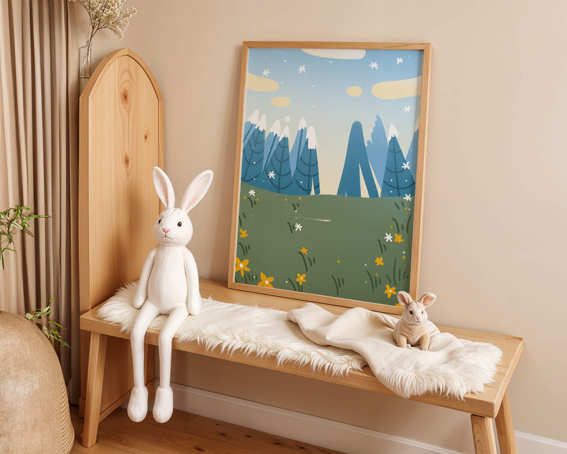 Landschaft mit schneebedeckten Bergen und Blumen im Cartoon-Stil