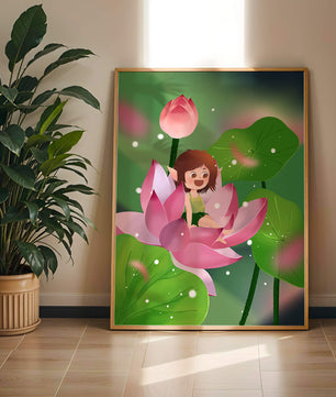 Charming fairy sitting on a blooming pink lotus in a magical garden