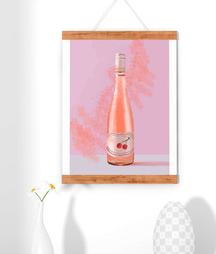 Illustrated wine bottle with a cherry label on pink background