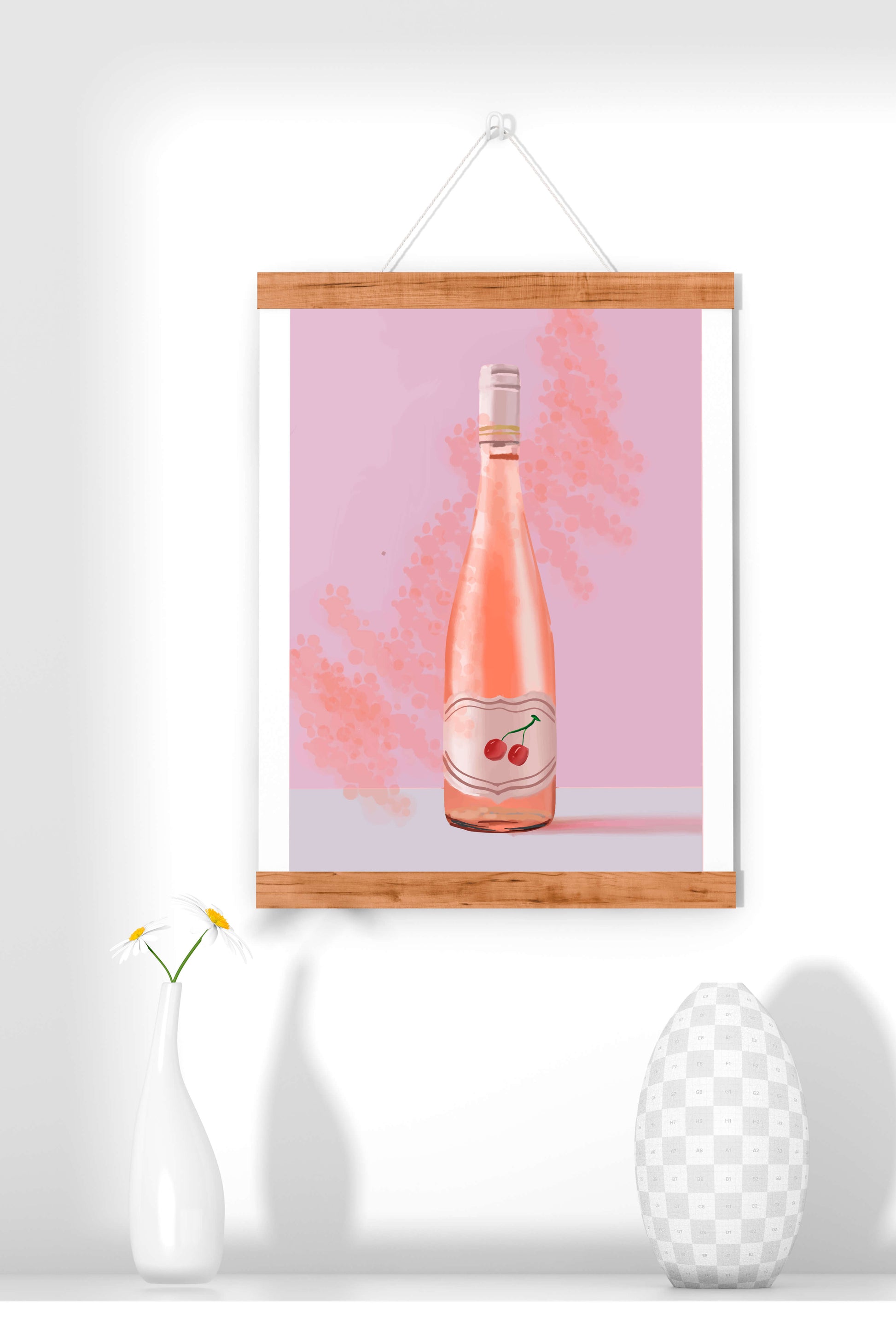 Illustrated wine bottle with a cherry label on pink background