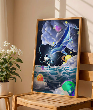 Astronaut Exploring a Surreal Cosmic Ocean with a Glowing Whale