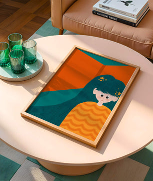 Colorful abstract illustration of a character with teal hair and orange background