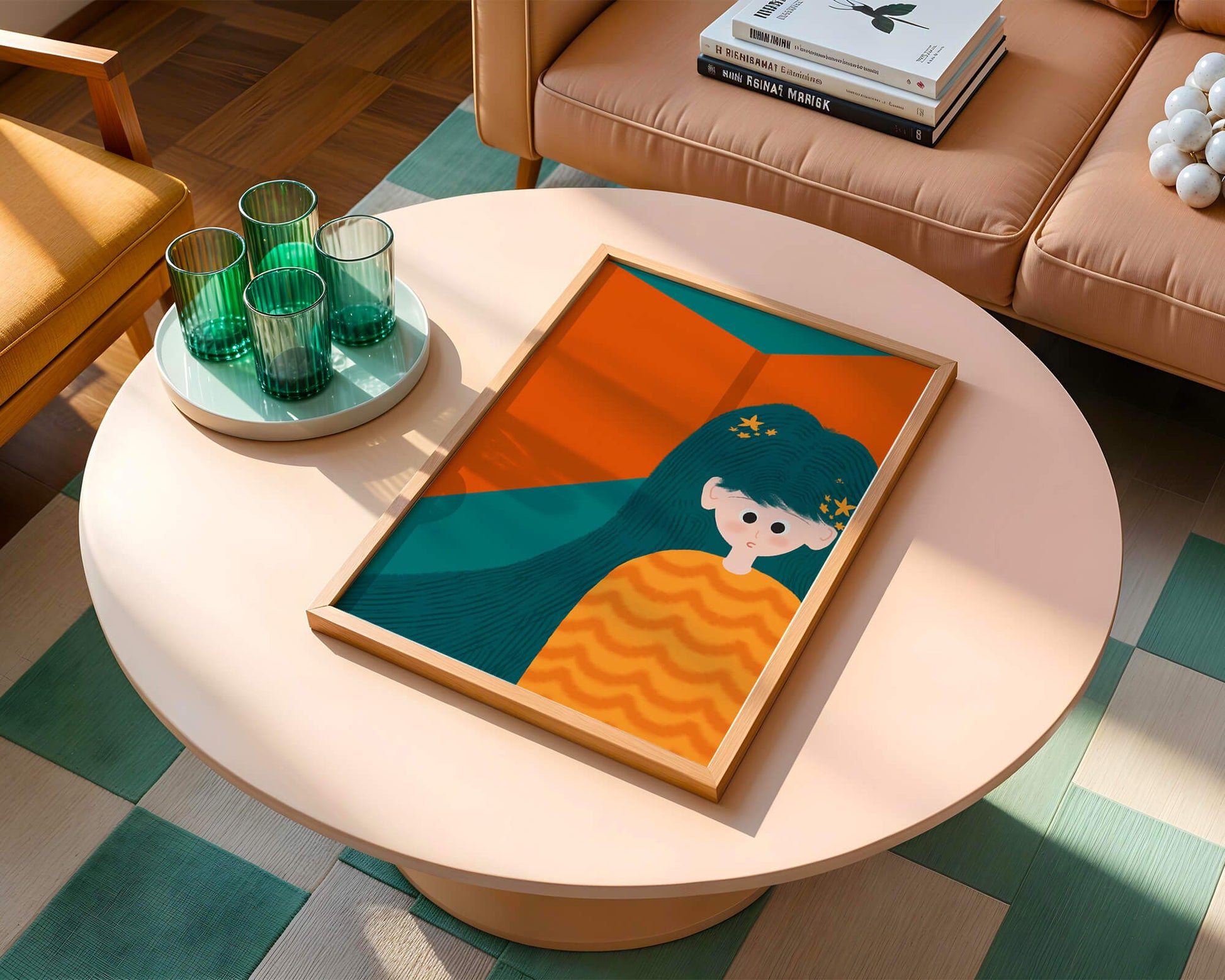 Colorful abstract illustration of a character with teal hair and orange background