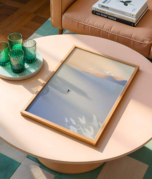 Serene Seaside with Dancer and Birds in Pastel Colors