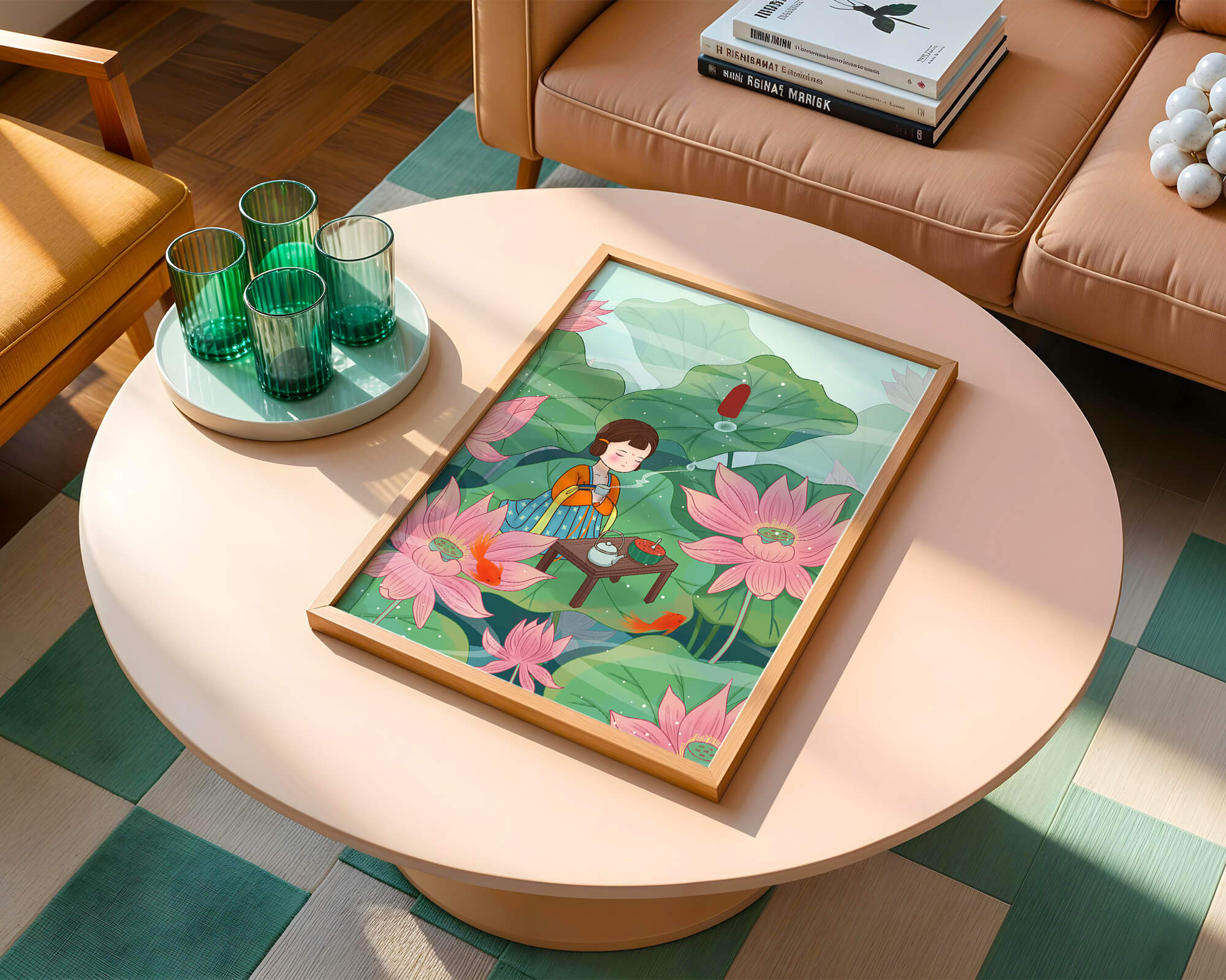 Serene illustration of a girl enjoying tea among lotus flowers