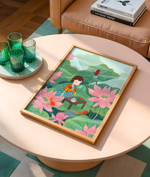 Serene illustration of a girl enjoying tea among lotus flowers