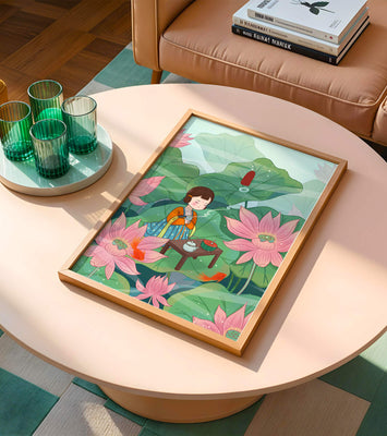 Serene illustration of a girl enjoying tea among lotus flowers