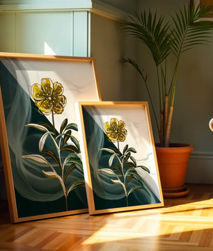 Abstract floral design featuring a golden flower with textured leaves