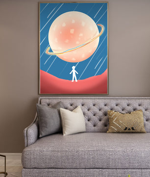 Illustration Of A Large Planet Against A Stardust Background With A Small Figure In The Foreground