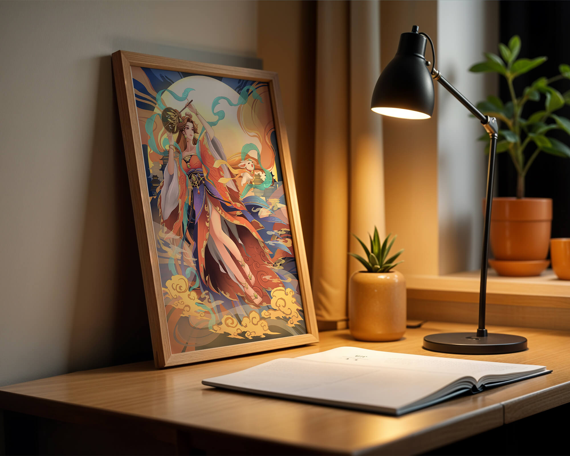 Elegant goddess with flowing robes against a mystical backdrop