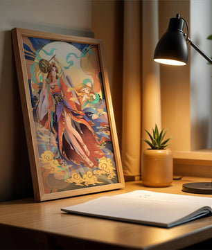 Elegant goddess with flowing robes against a mystical backdrop