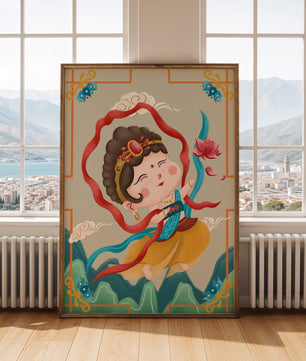 Whimsical illustration of a joyful child deity with lotus and clouds