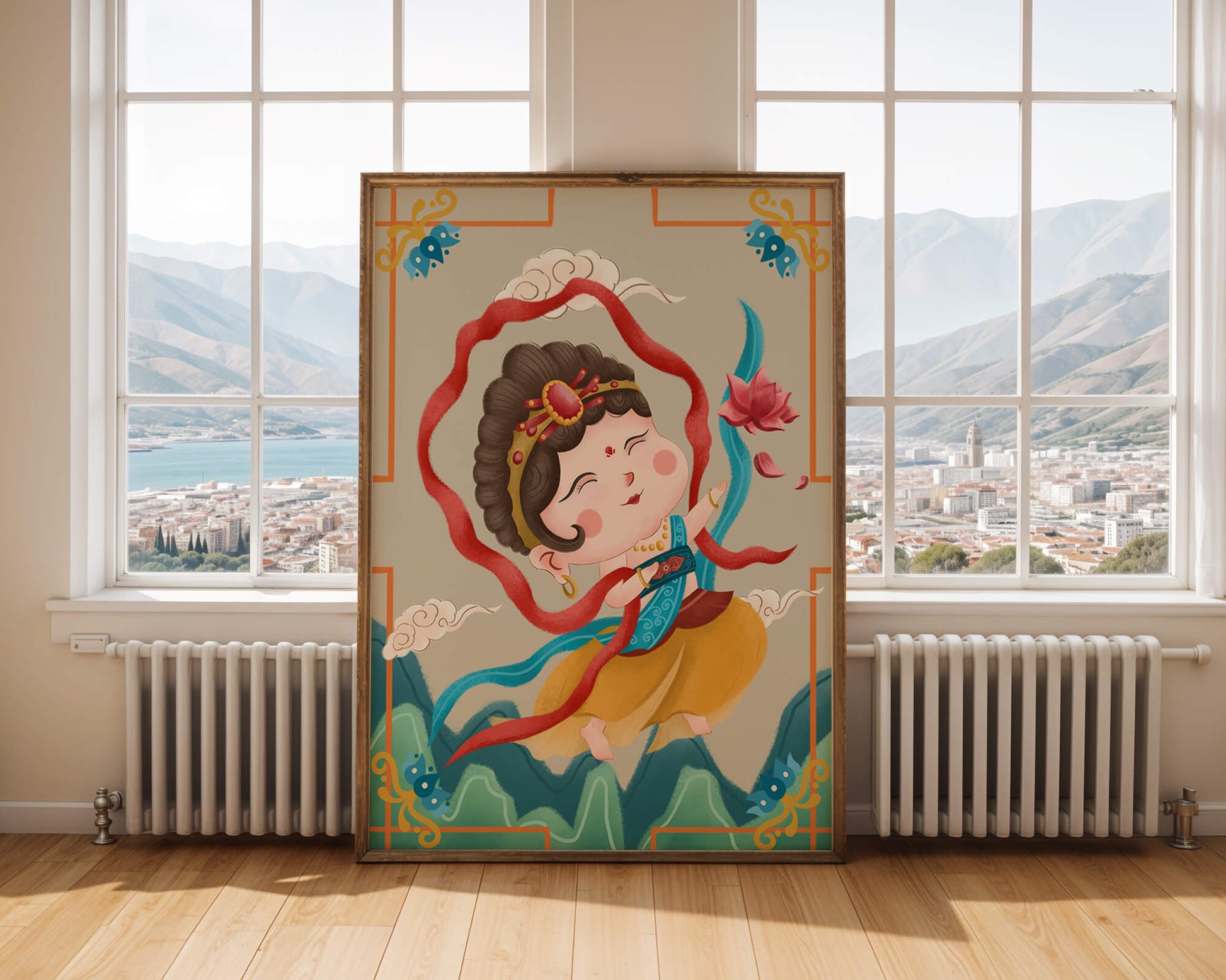 Whimsical illustration of a joyful child deity with lotus and clouds