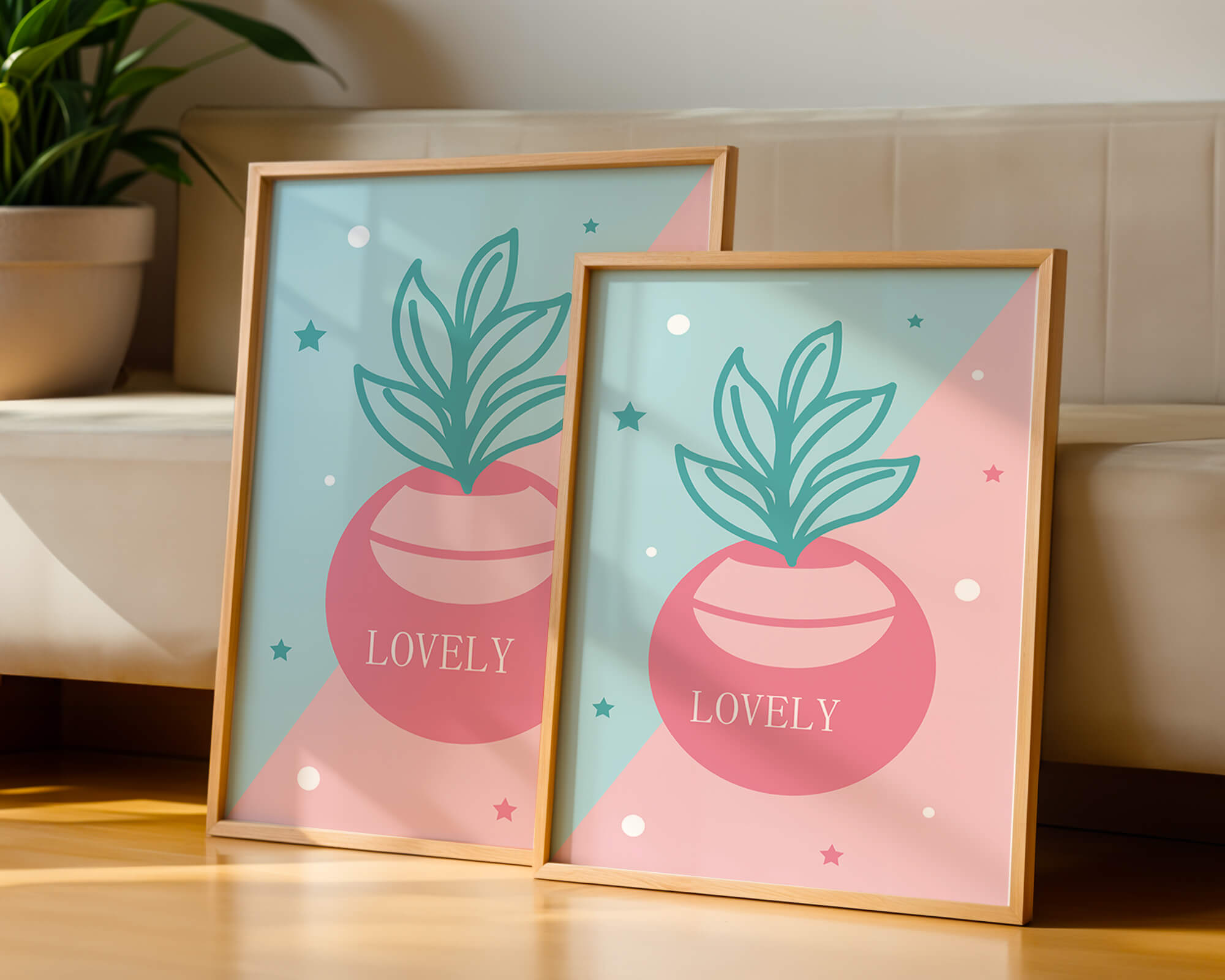 Playful pastel illustration with plant motif and stars