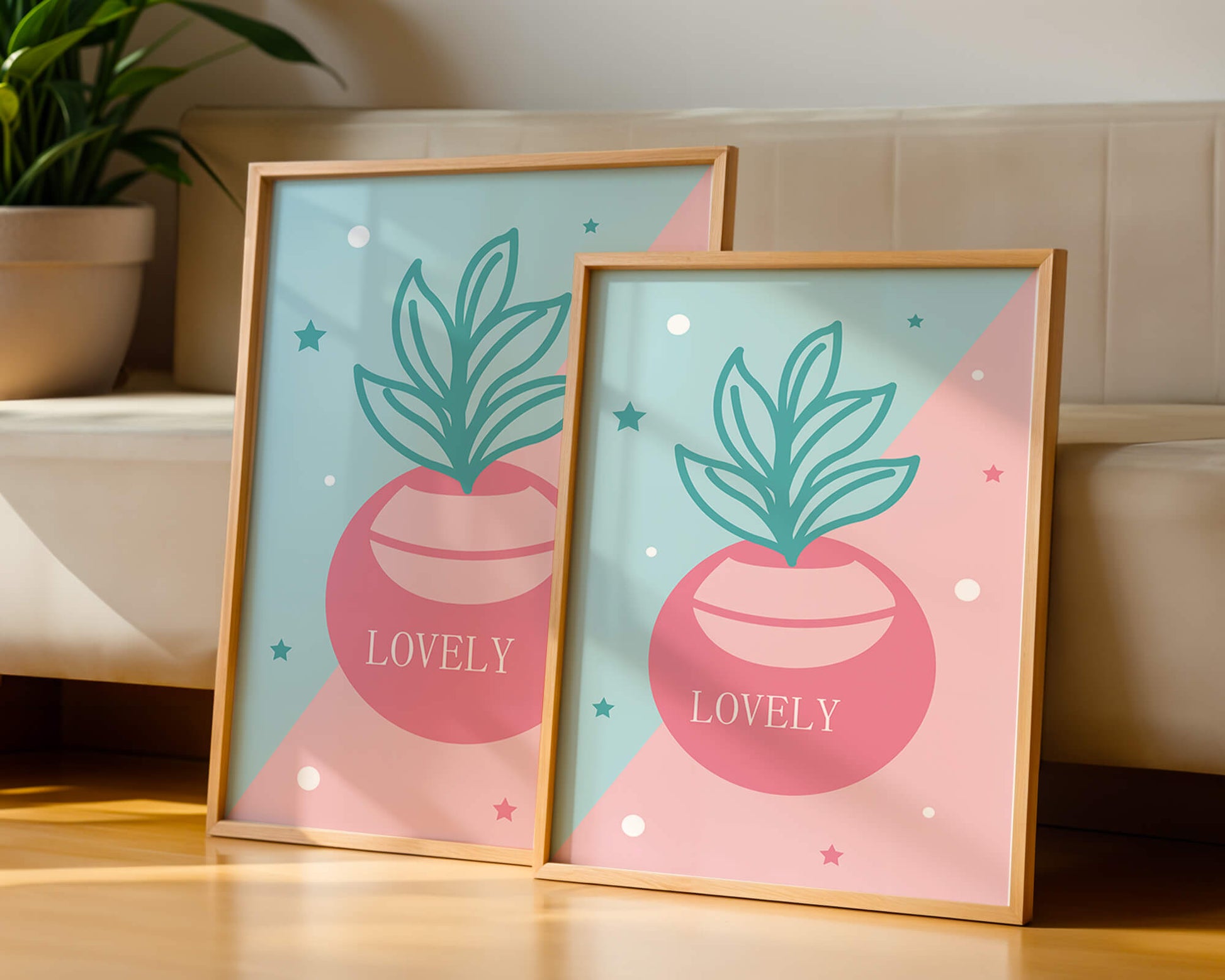 Playful pastel illustration with plant motif and stars